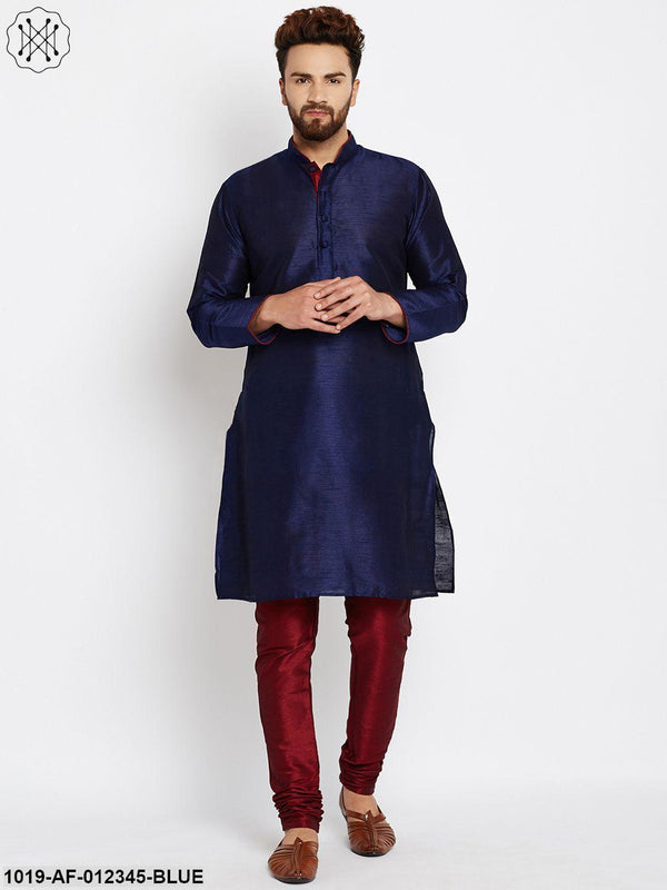 Men's Royal Blue, Dupion Silk Kurta Churidaar Set - Sojanya - Indiakreations