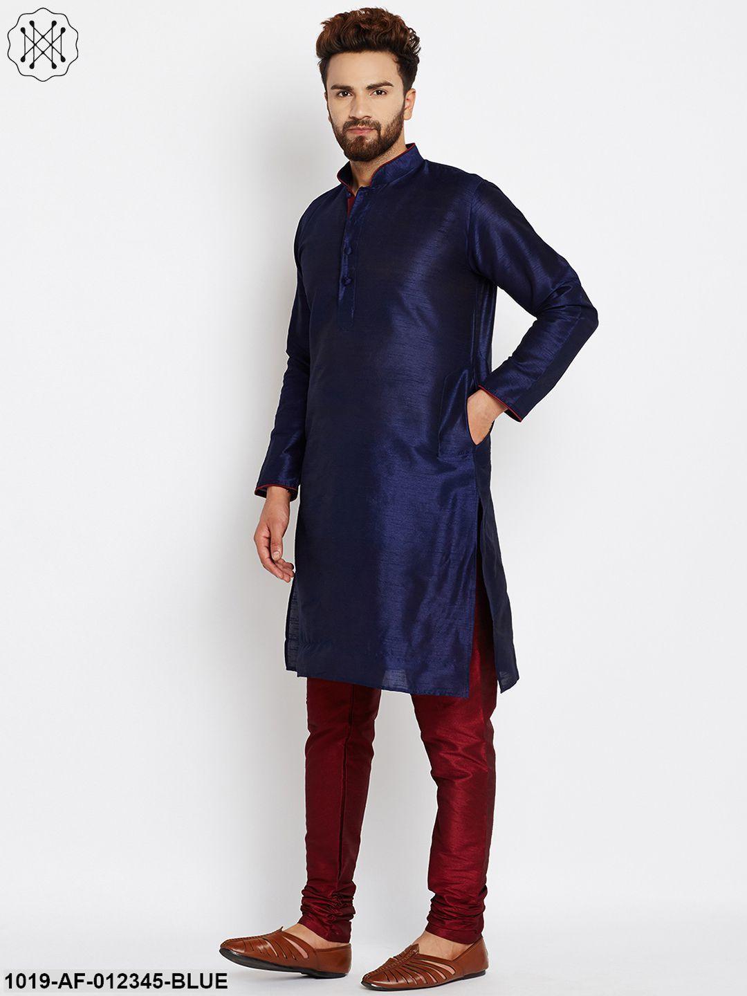 Men's Royal Blue, Dupion Silk Kurta Churidaar Set - Sojanya - Indiakreations