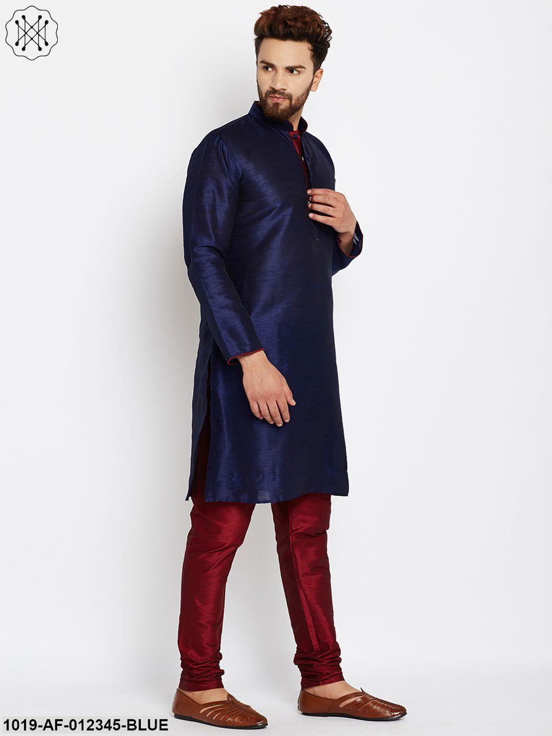 Men's Royal Blue, Dupion Silk Kurta Churidaar Set - Sojanya - Indiakreations