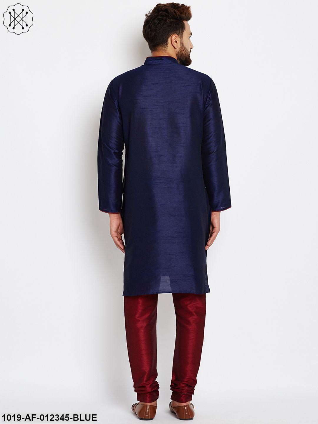 Men's Royal Blue, Dupion Silk Kurta Churidaar Set - Sojanya - Indiakreations