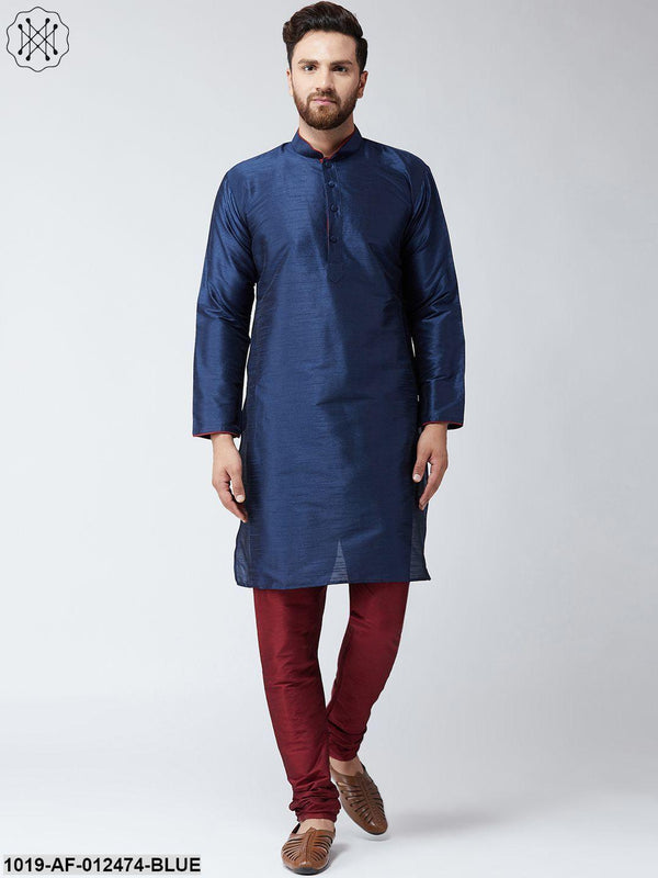 Men's Silk Blue Kurta And Maroon Pyjama Set - Sojanya - Indiakreations