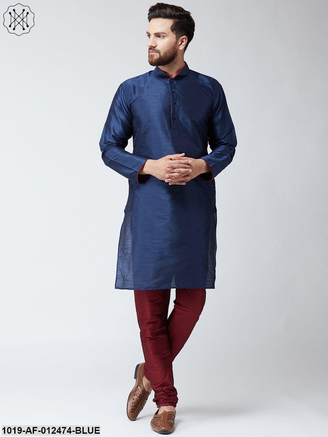 Men's Silk Blue Kurta And Maroon Pyjama Set - Sojanya - Indiakreations