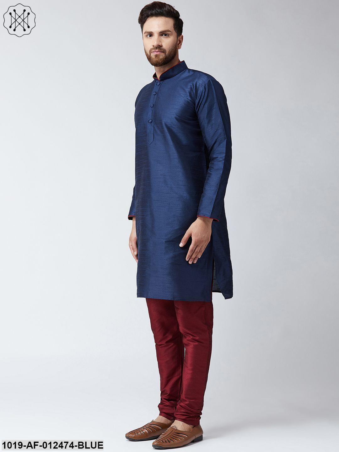 Men's Silk Blue Kurta And Maroon Pyjama Set - Sojanya - Indiakreations