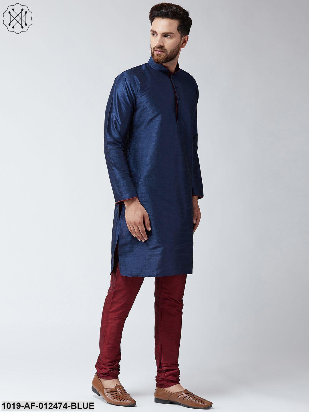 Men's Silk Blue Kurta And Maroon Pyjama Set - Sojanya - Indiakreations