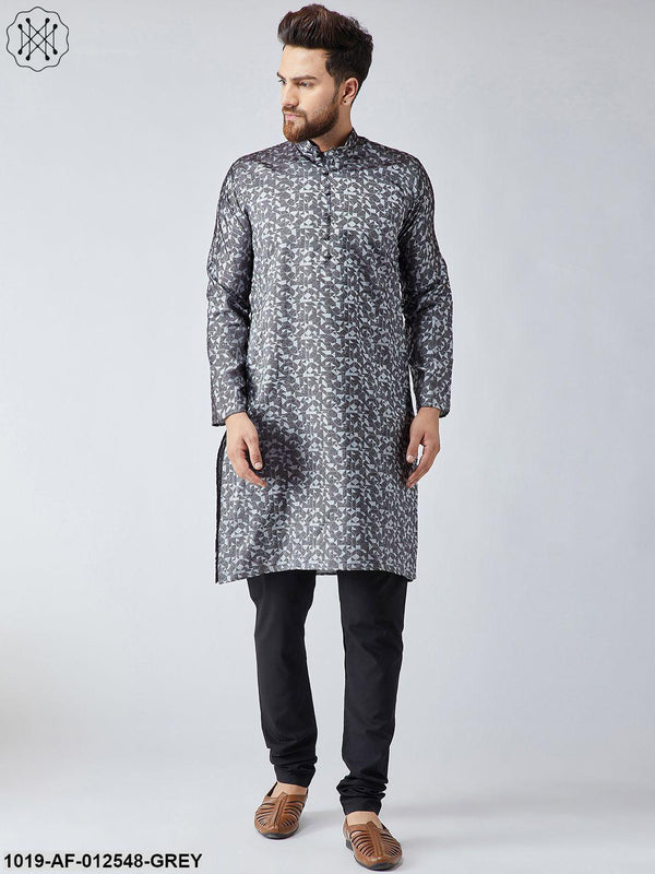 Men's Silk Grey Kurta & Black Churidar Pyjama Set - Sojanya - Indiakreations