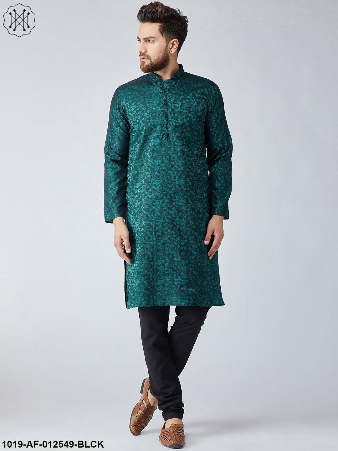 Men's Silk Teal Green Kurta & Black Churidar Pyjama Set - Sojanya - Indiakreations