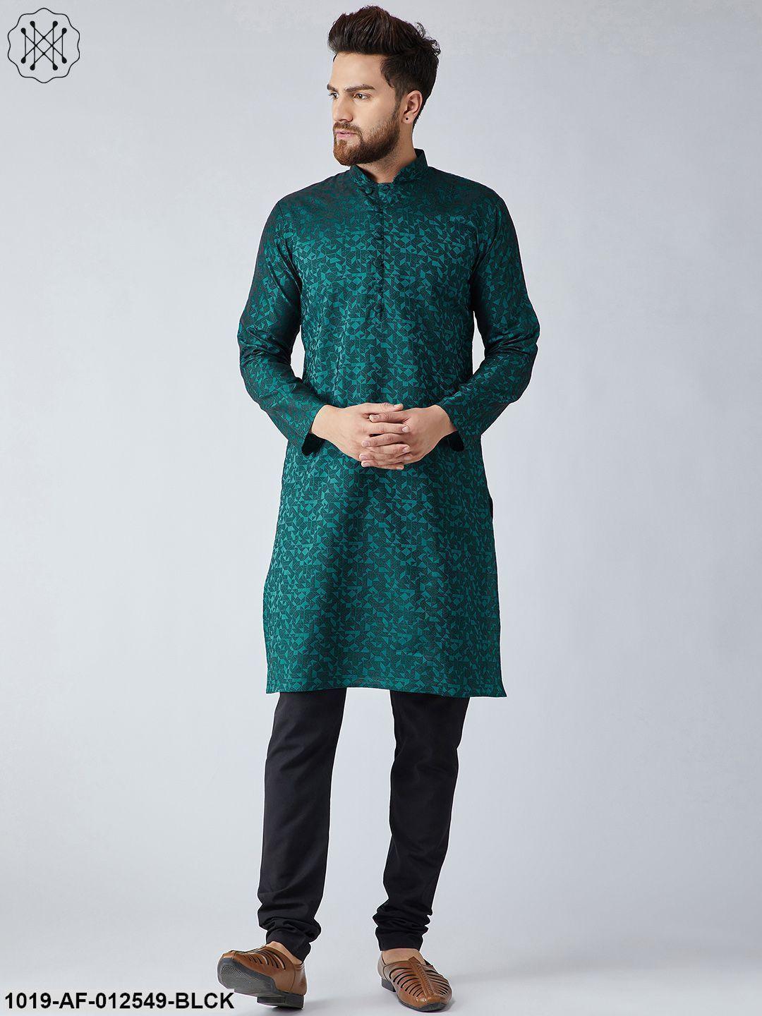 Men's Silk Teal Green Kurta & Black Churidar Pyjama Set - Sojanya - Indiakreations