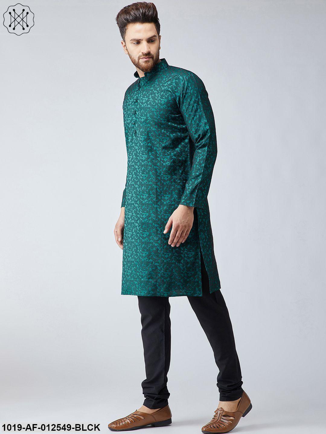 Men's Silk Teal Green Kurta & Black Churidar Pyjama Set - Sojanya - Indiakreations