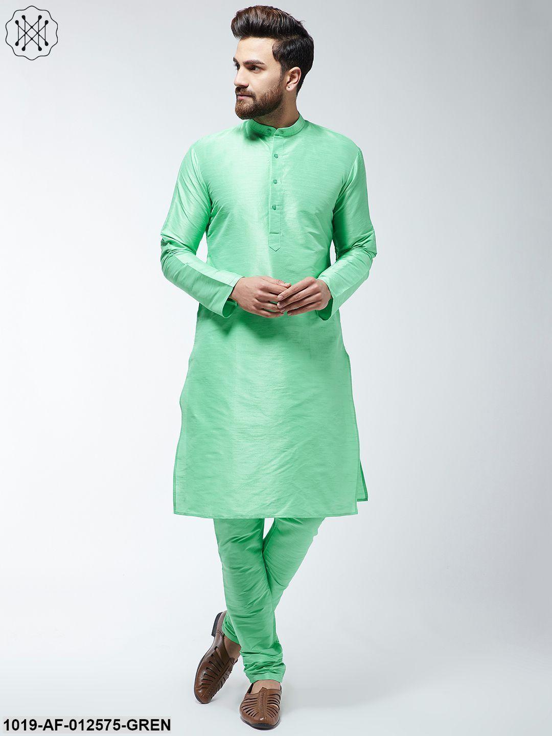 Men's Silk Blend Light Green Kurta & Churidaar Pyjama Set - Sojanya - Indiakreations