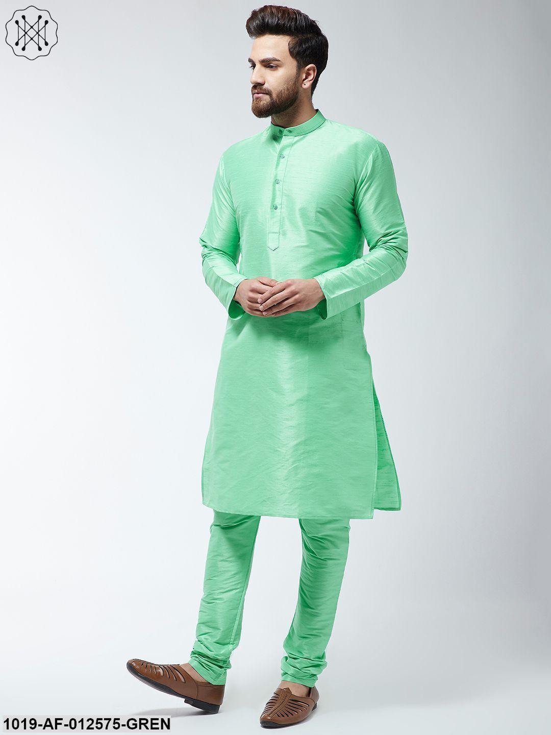 Men's Silk Blend Light Green Kurta & Churidaar Pyjama Set - Sojanya - Indiakreations