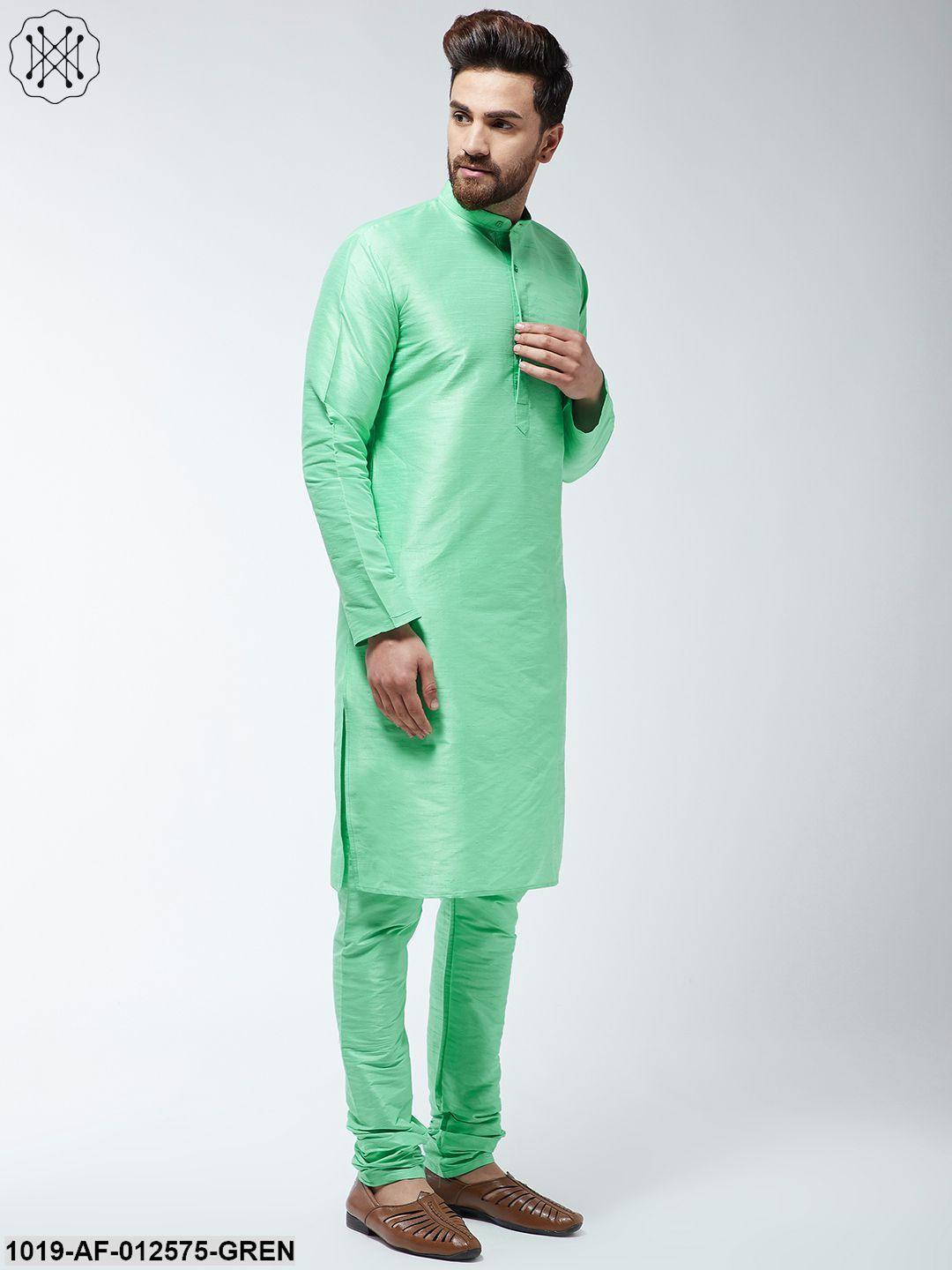 Men's Silk Blend Light Green Kurta & Churidaar Pyjama Set - Sojanya - Indiakreations