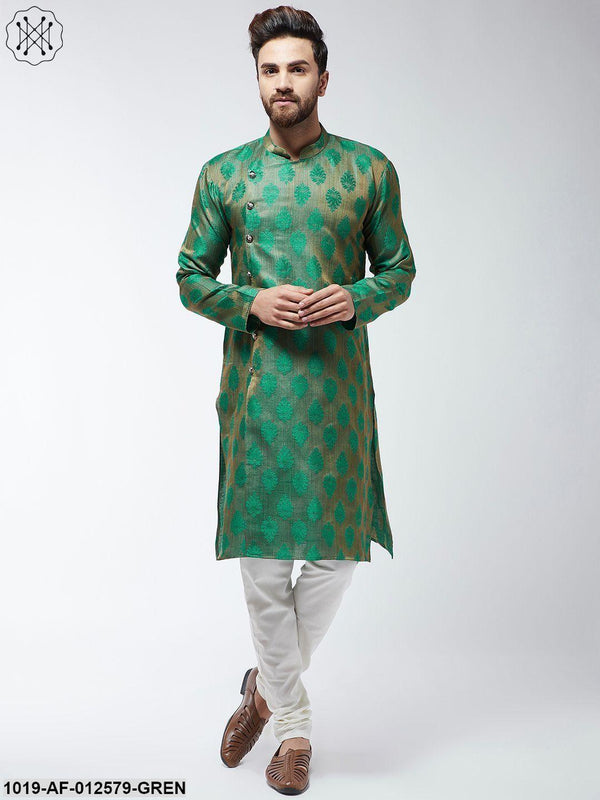 Men's Jacquard Silk Dark Green Kurta & Off-White Churidar Pyjama Set - Sojanya - Indiakreations