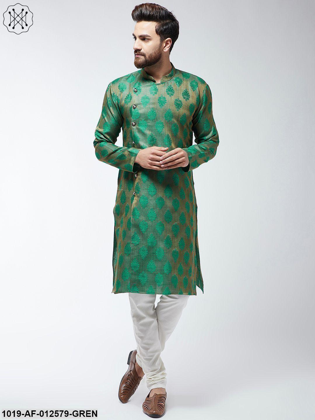 Men's Jacquard Silk Dark Green Kurta & Off-White Churidar Pyjama Set - Sojanya - Indiakreations