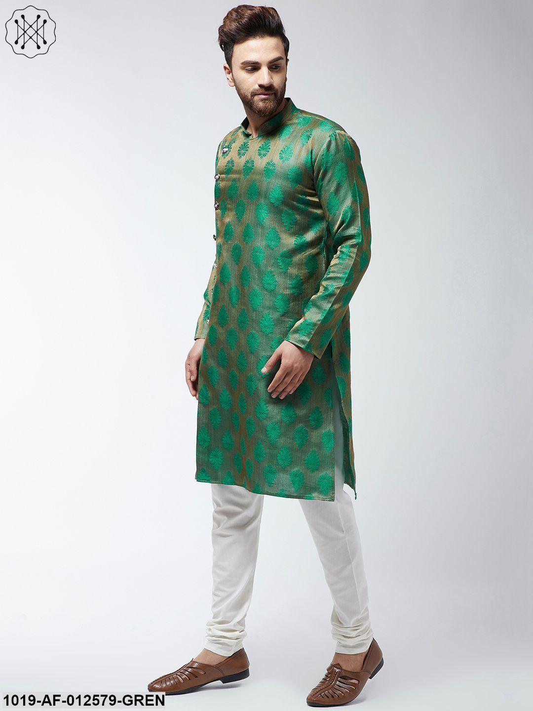 Men's Jacquard Silk Dark Green Kurta & Off-White Churidar Pyjama Set - Sojanya - Indiakreations