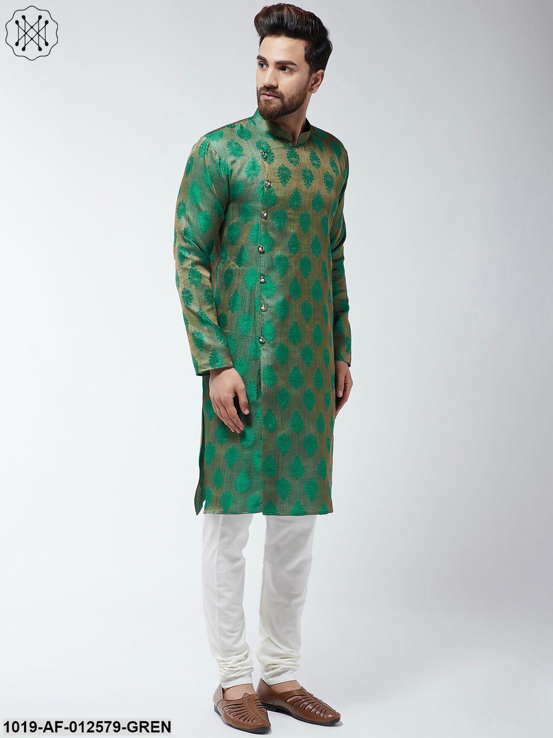 Men's Jacquard Silk Dark Green Kurta & Off-White Churidar Pyjama Set - Sojanya - Indiakreations