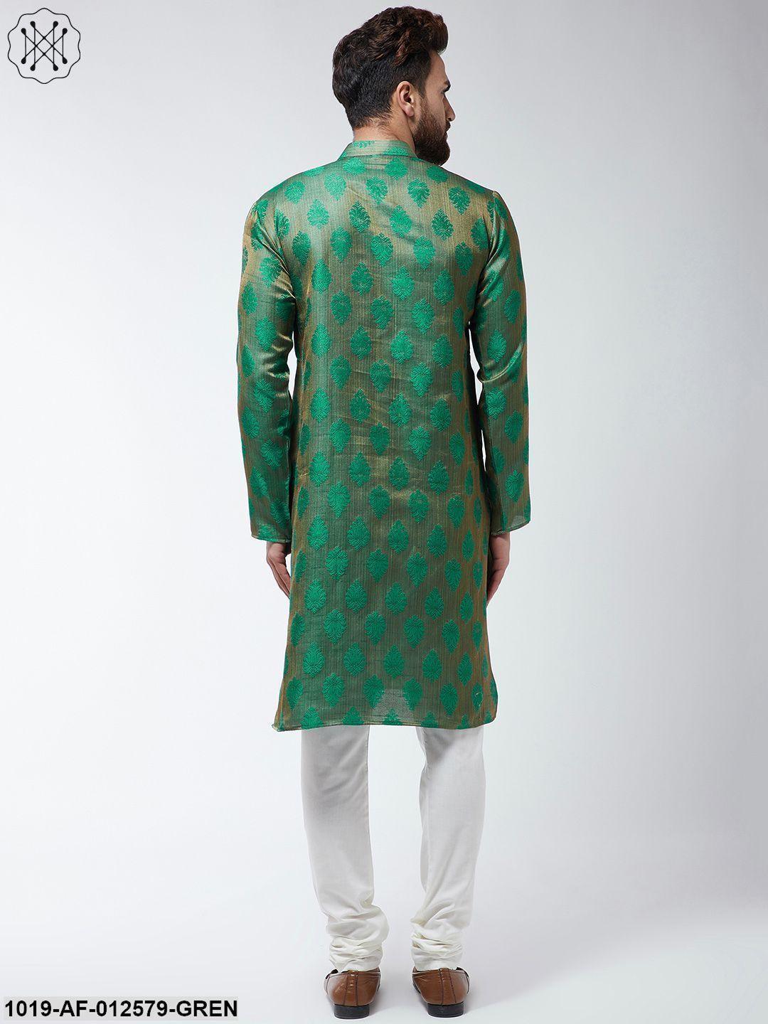 Men's Jacquard Silk Dark Green Kurta & Off-White Churidar Pyjama Set - Sojanya - Indiakreations