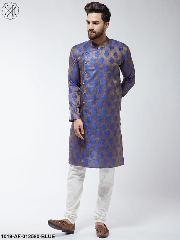 Men's Jacquard Silk Blue Kurta & Off-White Churidar Pyjama Set - Sojanya - Indiakreations