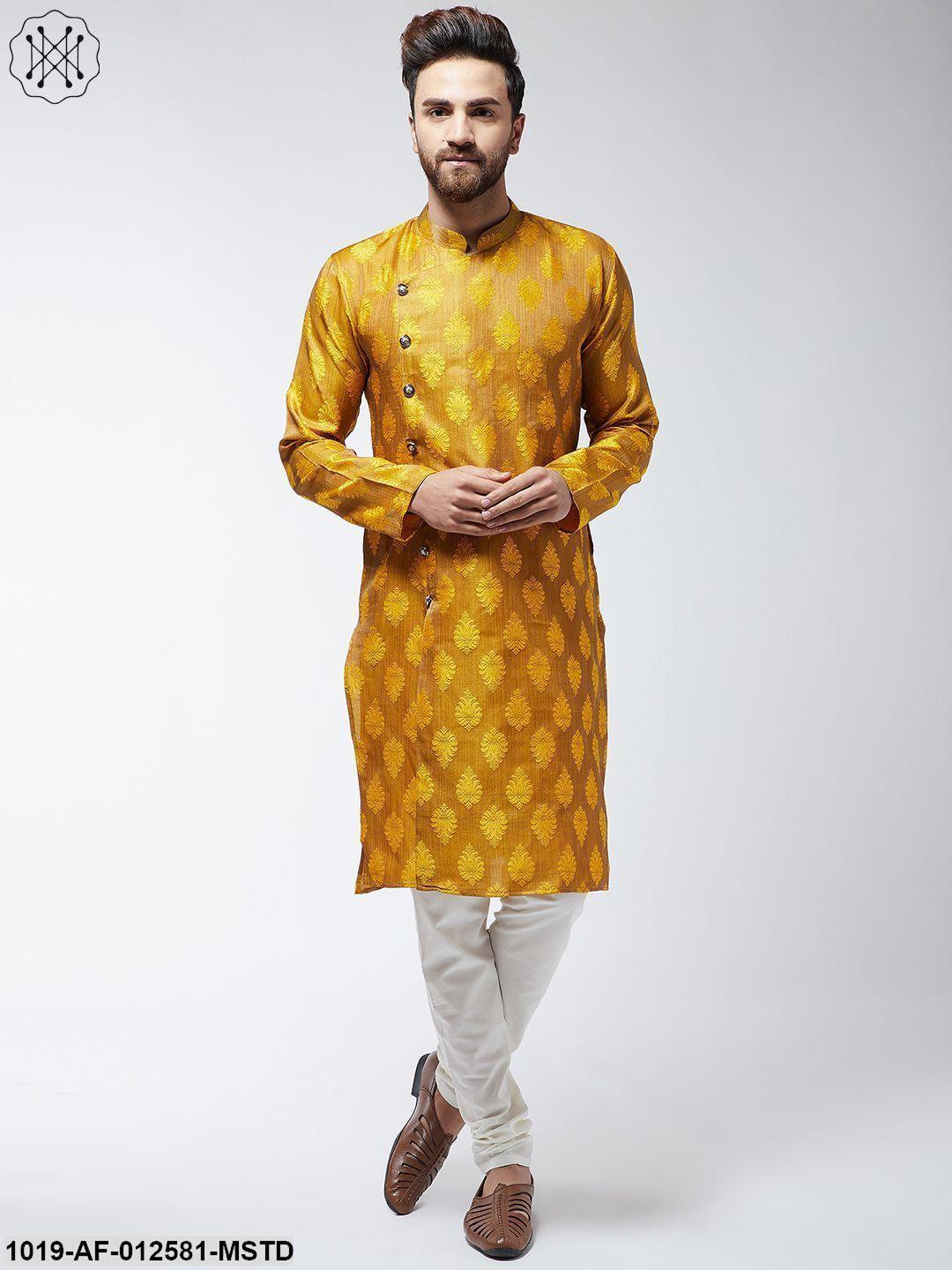 Men's Jacquard Silk Mustard Kurta & Off-White Churidar Pyjama Set - Sojanya - Indiakreations