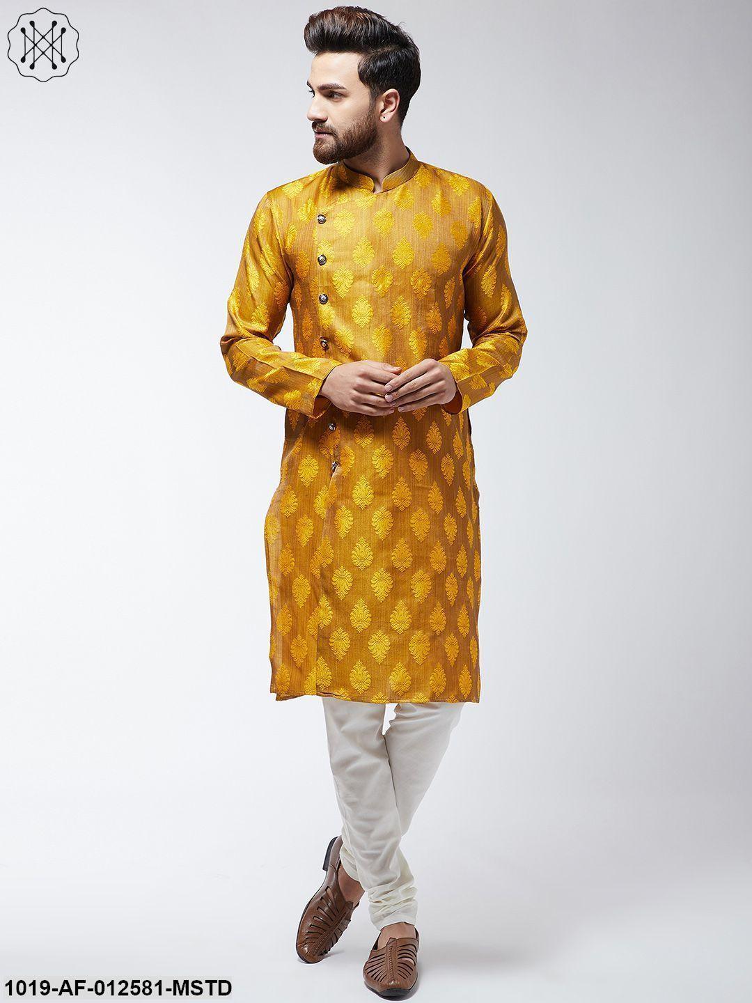 Men's Jacquard Silk Mustard Kurta & Off-White Churidar Pyjama Set - Sojanya - Indiakreations