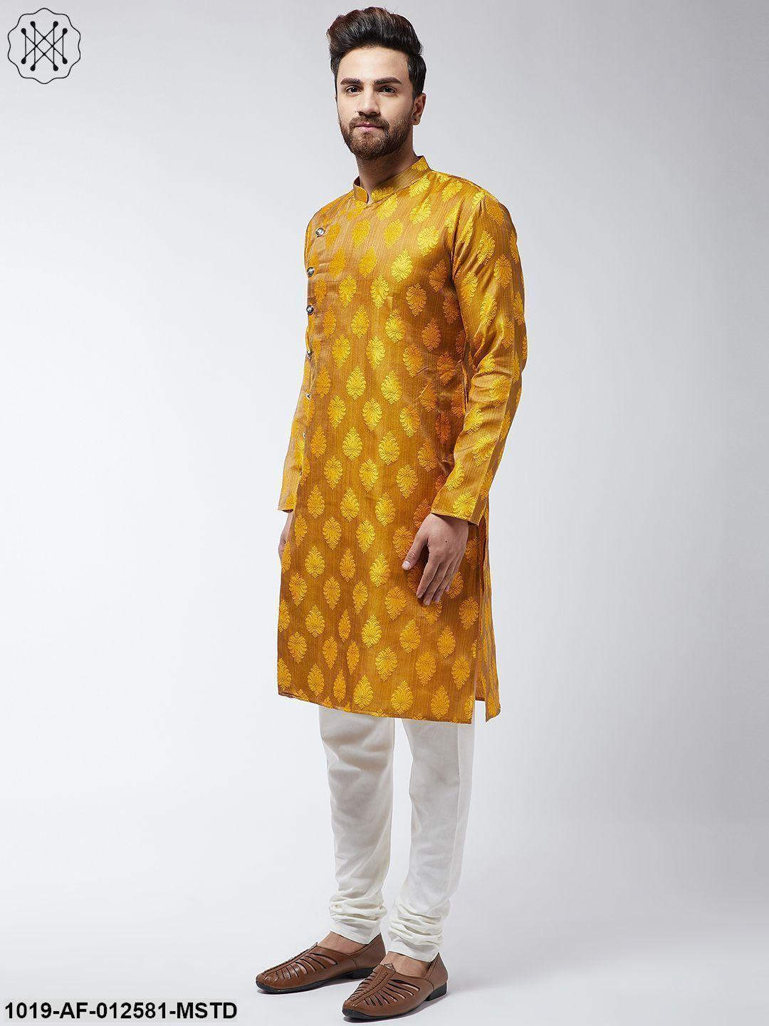 Men's Jacquard Silk Mustard Kurta & Off-White Churidar Pyjama Set - Sojanya - Indiakreations