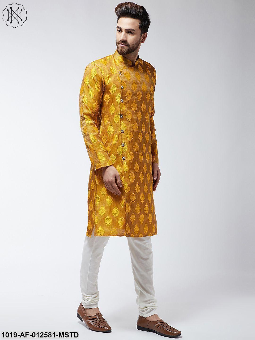 Men's Jacquard Silk Mustard Kurta & Off-White Churidar Pyjama Set - Sojanya - Indiakreations