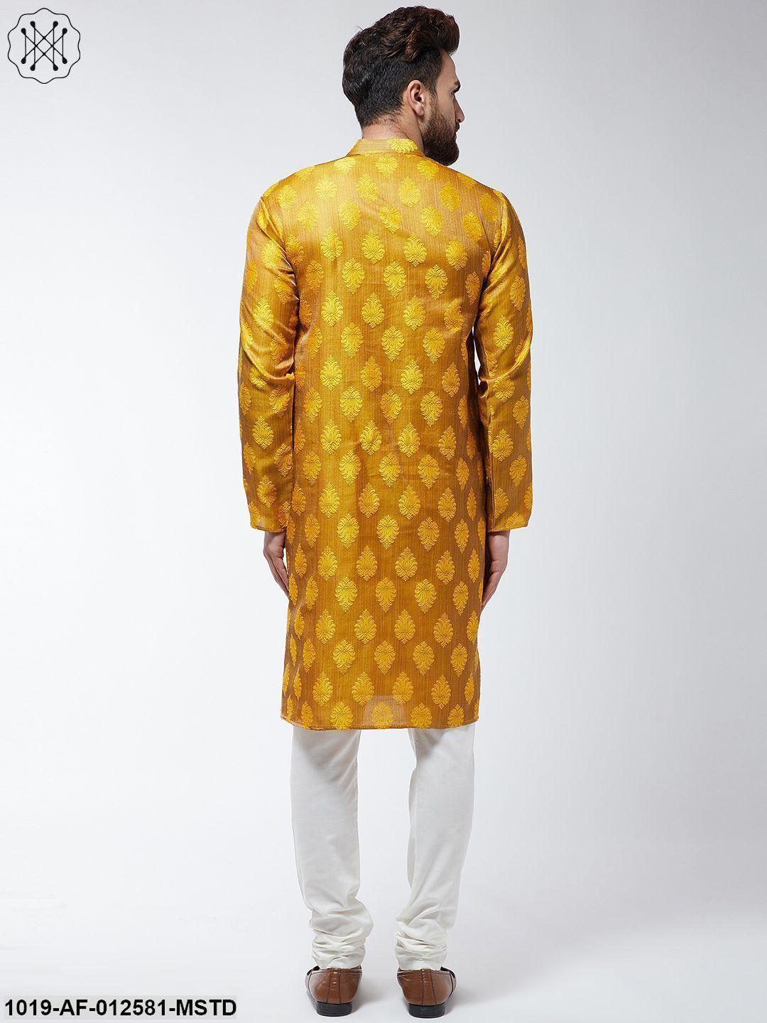 Men's Jacquard Silk Mustard Kurta & Off-White Churidar Pyjama Set - Sojanya - Indiakreations