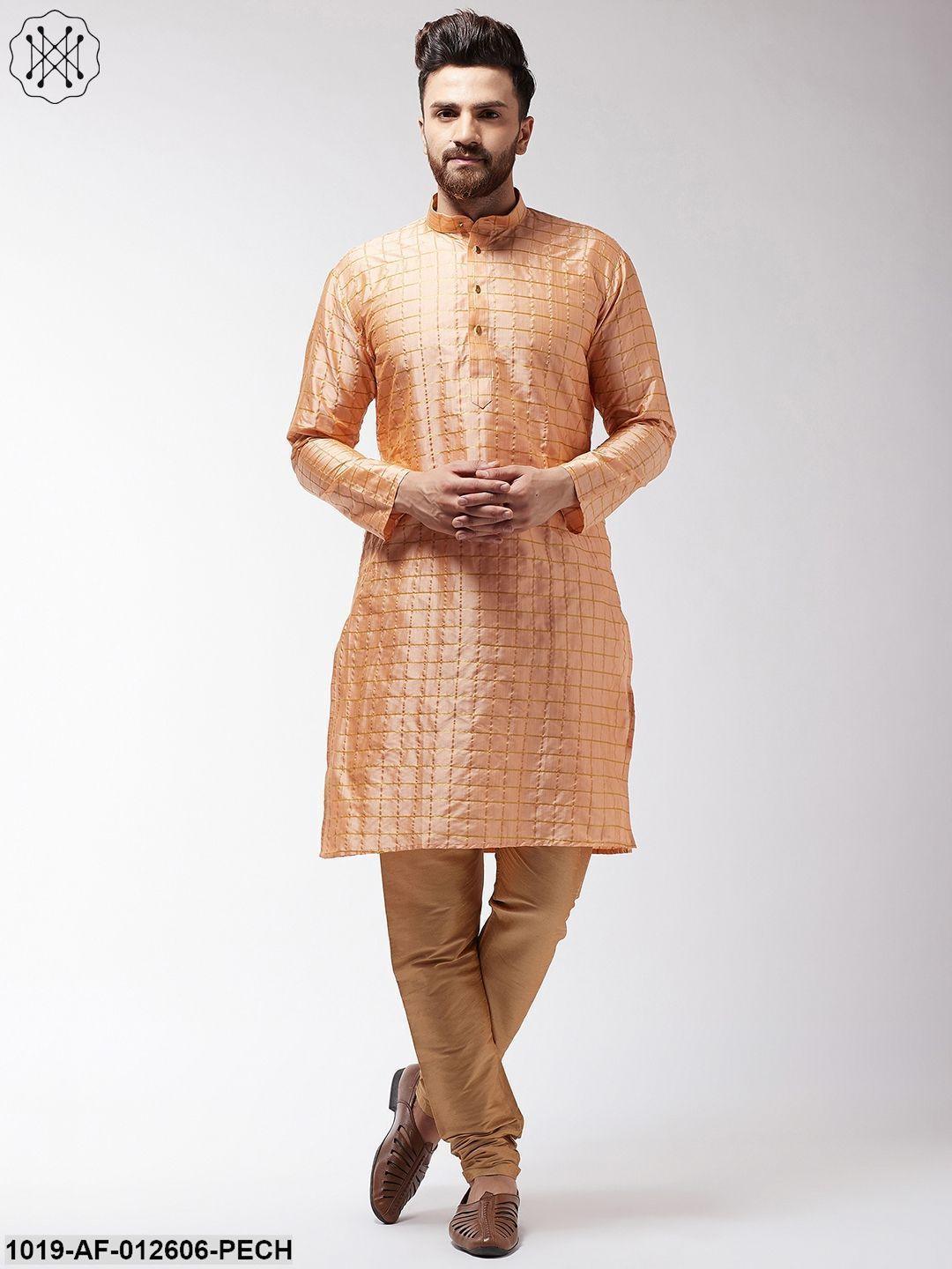 Men's Silk Blend Peach Checked Kurta & Gold Churidar Pyjama Set - Sojanya - Indiakreations