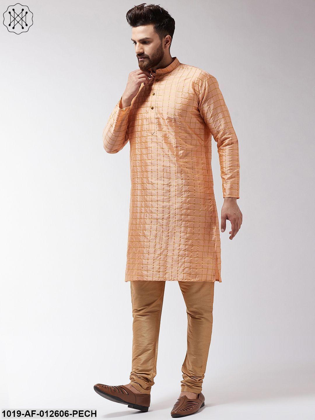 Men's Silk Blend Peach Checked Kurta & Gold Churidar Pyjama Set - Sojanya - Indiakreations