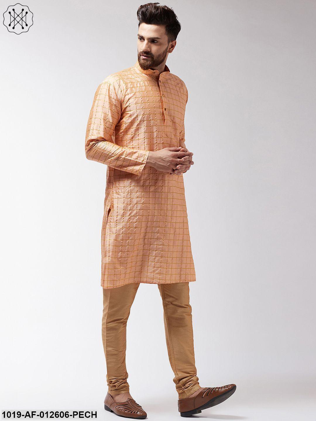 Men's Silk Blend Peach Checked Kurta & Gold Churidar Pyjama Set - Sojanya - Indiakreations