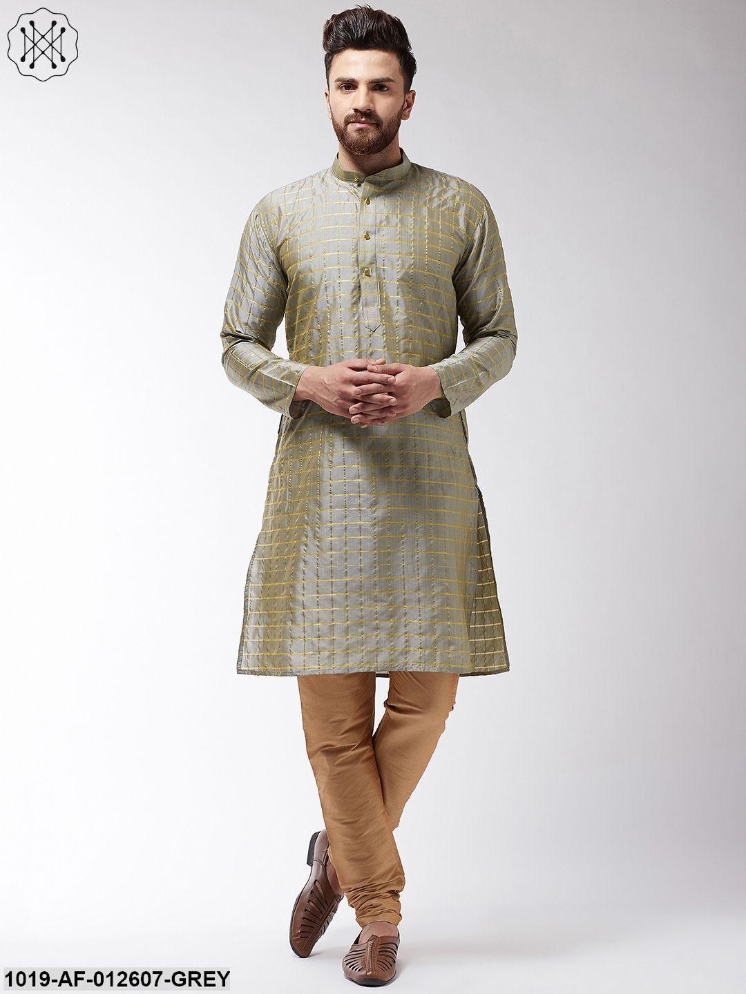 Men's Silk Blend Grey Checked Kurta & Gold Churidar Pyjama Set - Sojanya - Indiakreations