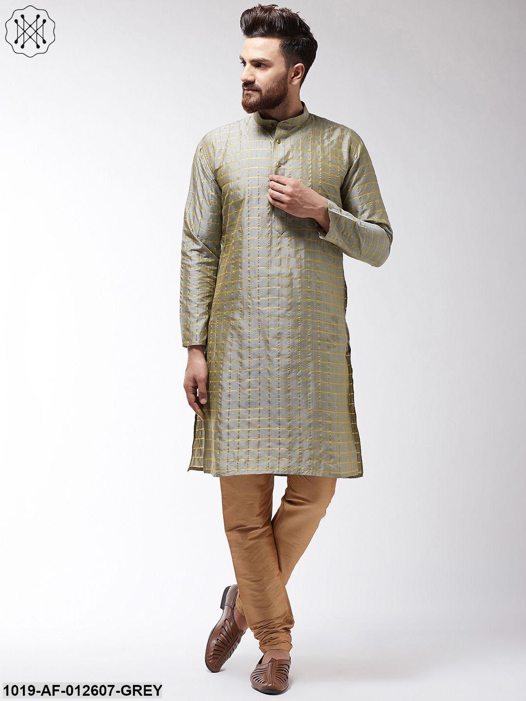 Men's Silk Blend Grey Checked Kurta & Gold Churidar Pyjama Set - Sojanya - Indiakreations