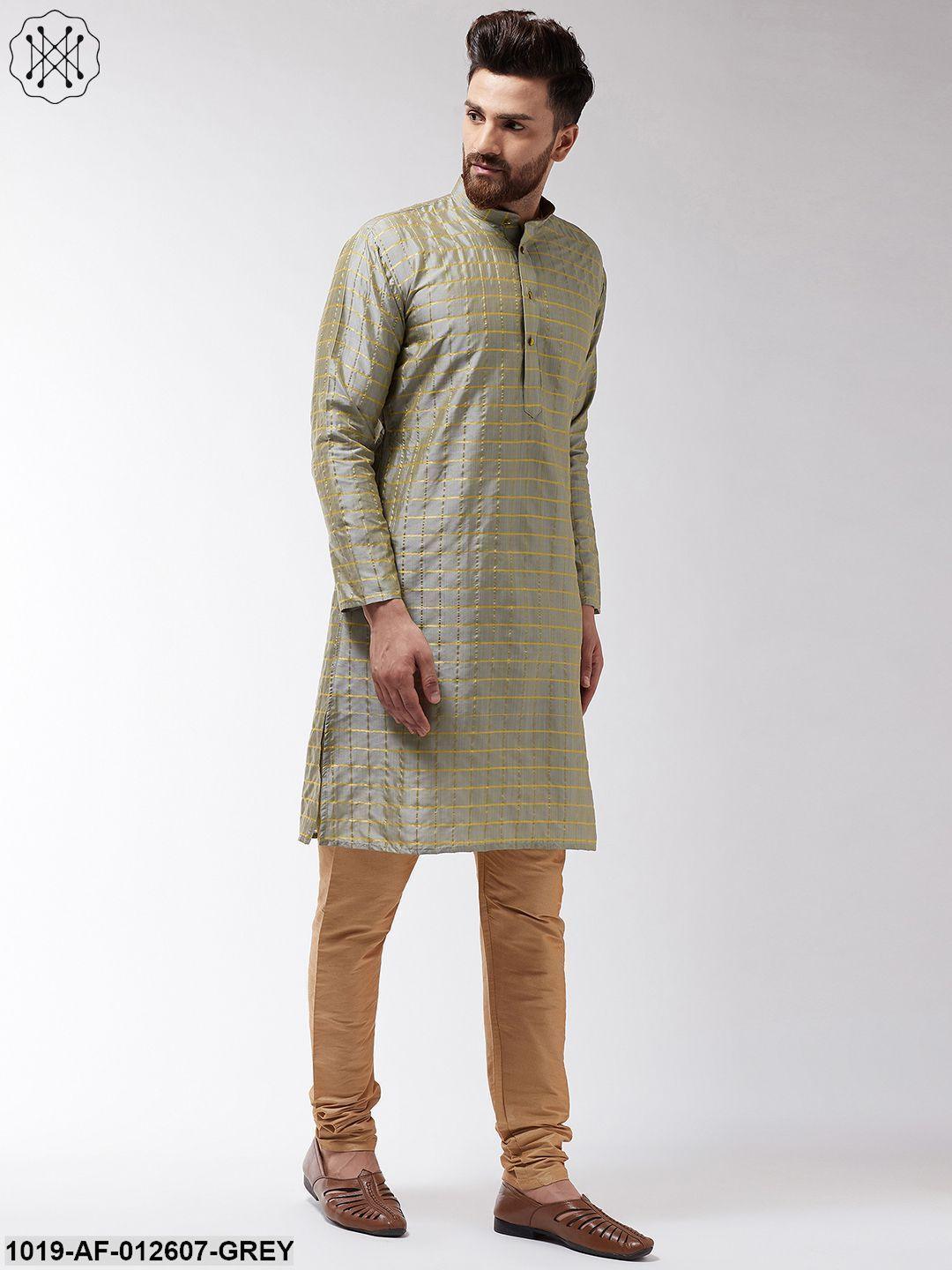 Men's Silk Blend Grey Checked Kurta & Gold Churidar Pyjama Set - Sojanya - Indiakreations