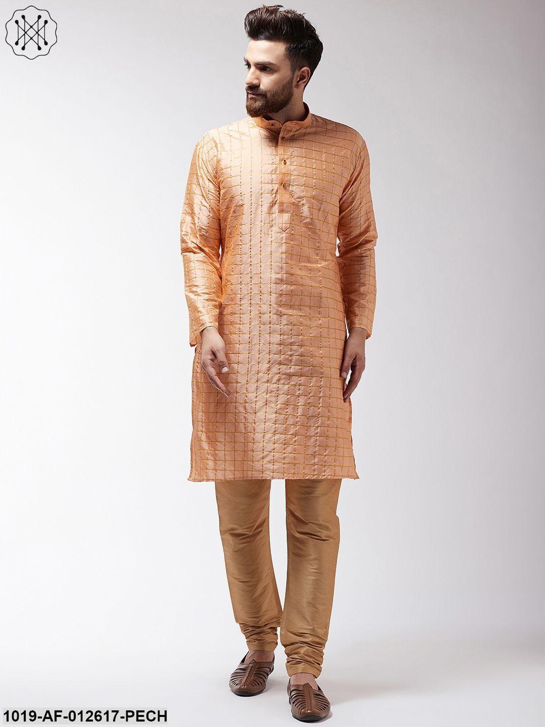 Men's Silk Blend Peach Checked Kurta & Gold Churidar Pyjama Set - Sojanya - Indiakreations