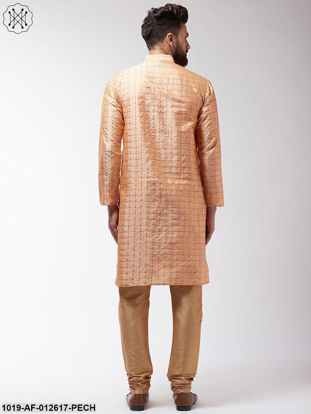 Men's Silk Blend Peach Checked Kurta & Gold Churidar Pyjama Set - Sojanya - Indiakreations