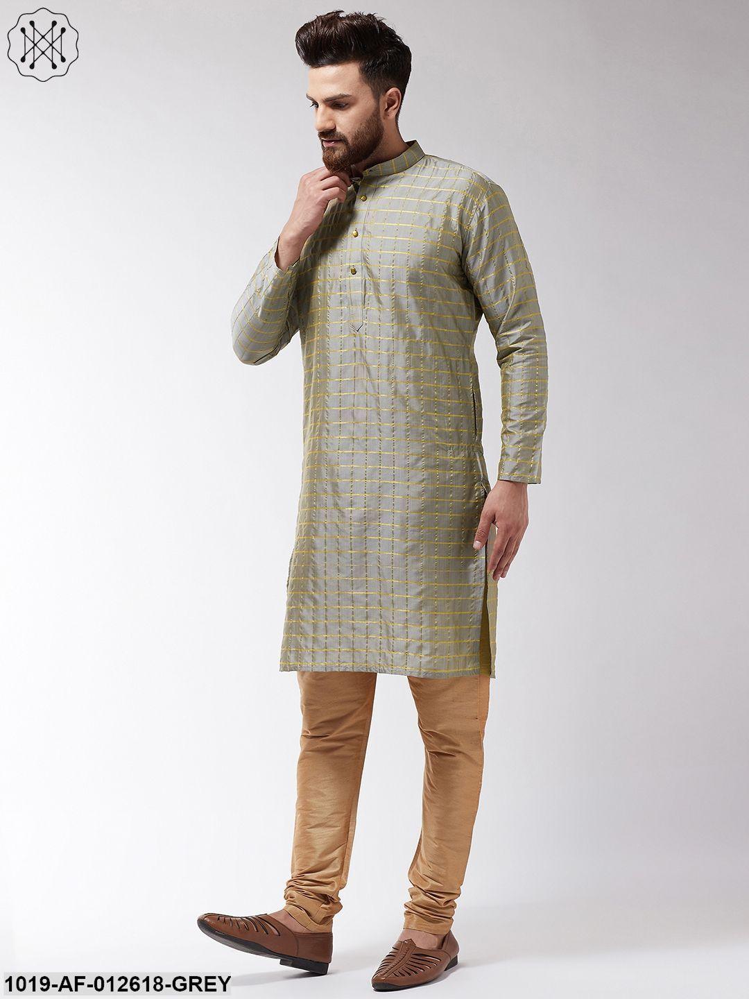 Men's Silk Blend Grey Checked Kurta & Gold Churidar Pyjama Set - Sojanya - Indiakreations