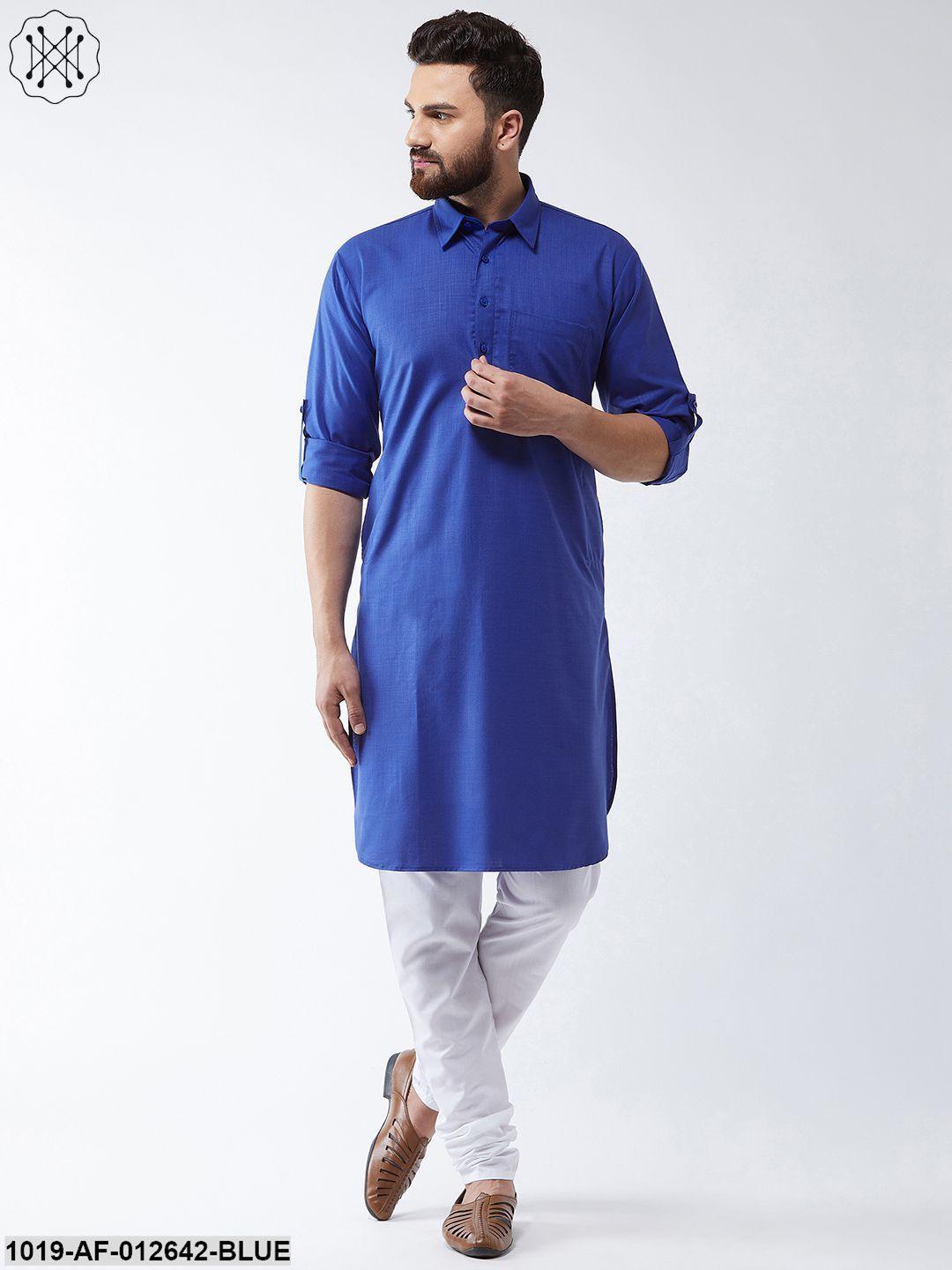 Men's Cotton Royal Blue Solid Pathani Kurta & White Churidar Pyjama Set - Sojanya - Indiakreations