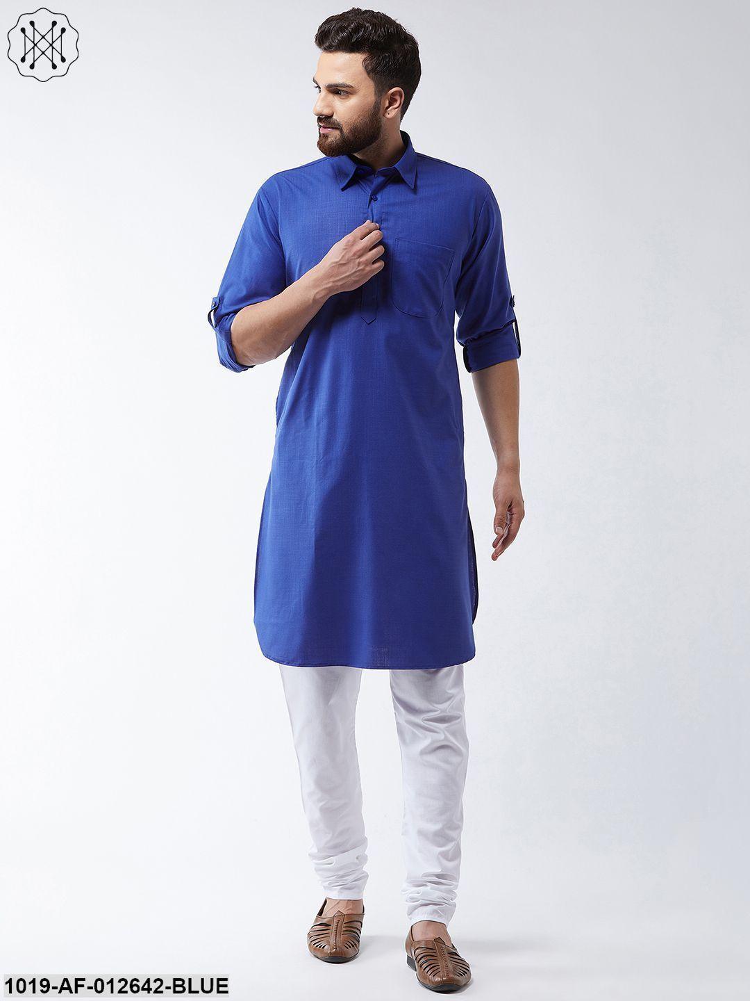 Men's Cotton Royal Blue Solid Pathani Kurta & White Churidar Pyjama Set - Sojanya - Indiakreations