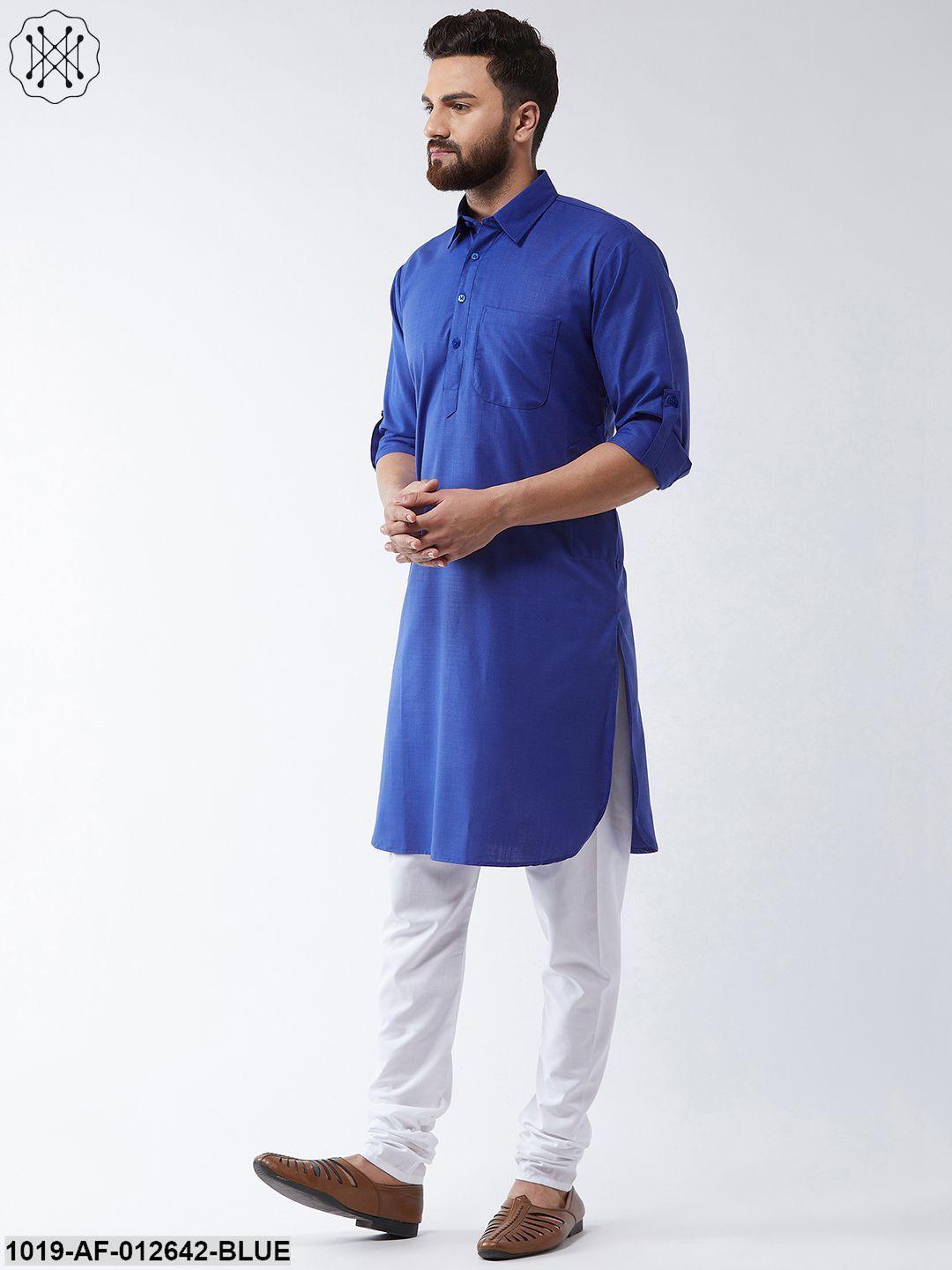 Men's Cotton Royal Blue Solid Pathani Kurta & White Churidar Pyjama Set - Sojanya - Indiakreations