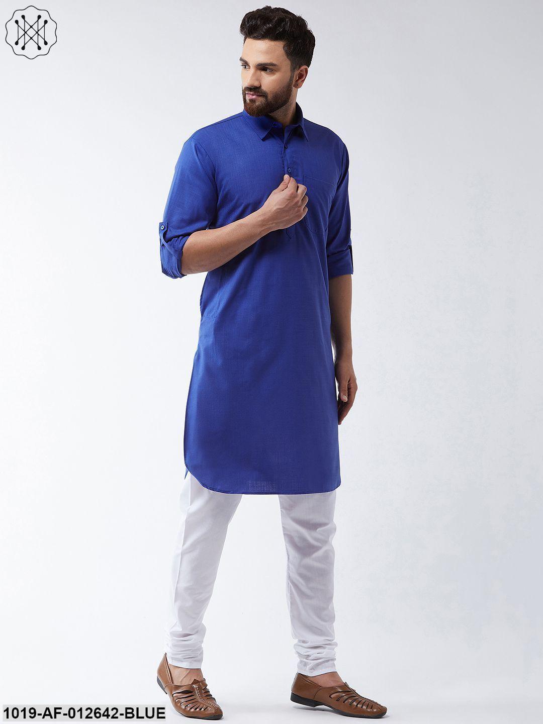 Men's Cotton Royal Blue Solid Pathani Kurta & White Churidar Pyjama Set - Sojanya - Indiakreations