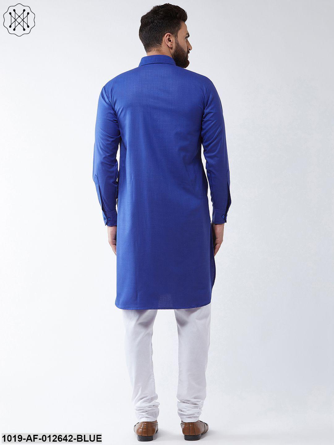 Men's Cotton Royal Blue Solid Pathani Kurta & White Churidar Pyjama Set - Sojanya - Indiakreations