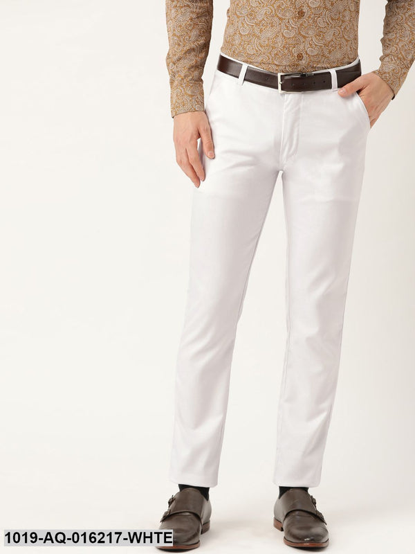 Men's Cotton Blend White Solid Formal Trousers - Sojanya