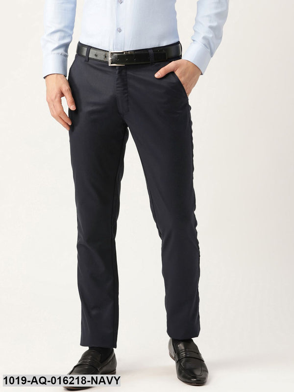 Men's Cotton Blend Dark Navy Blue Solid Formal Trousers - Sojanya