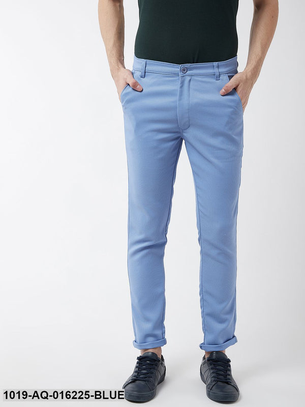 Men's Cotton Blend Blue Woven Design Casual Trousers - Sojanya