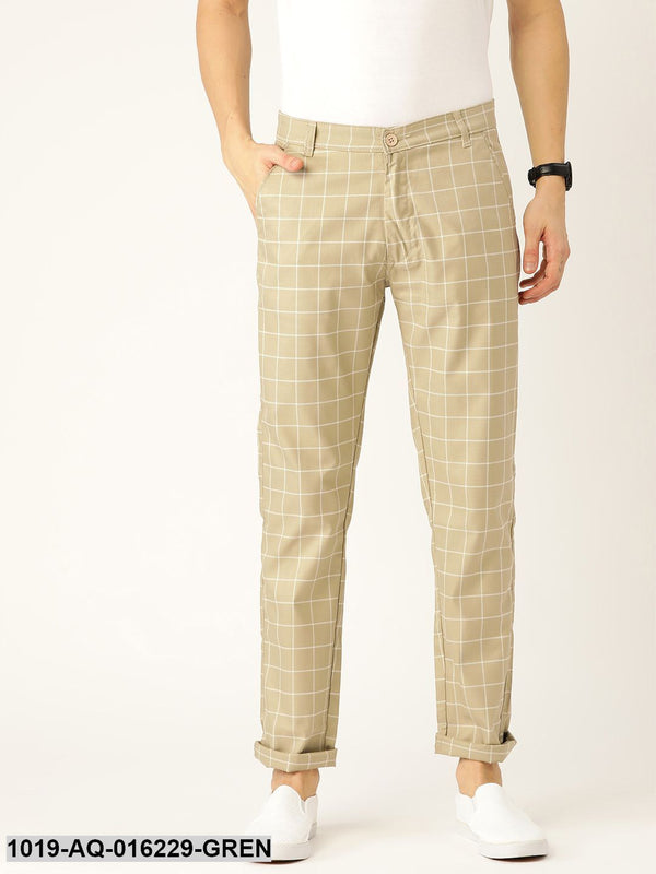 Men's Cotton Blend Dark Pista Green & Off White Checked Casual Trousers - Sojanya