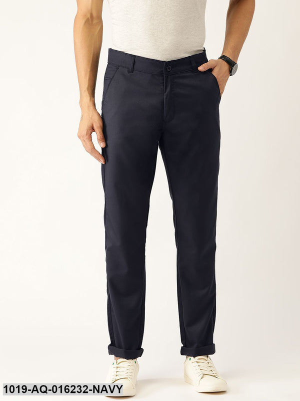 Men's Cotton Blend Dark Navy Blue Solid Casual Trousers - Sojanya