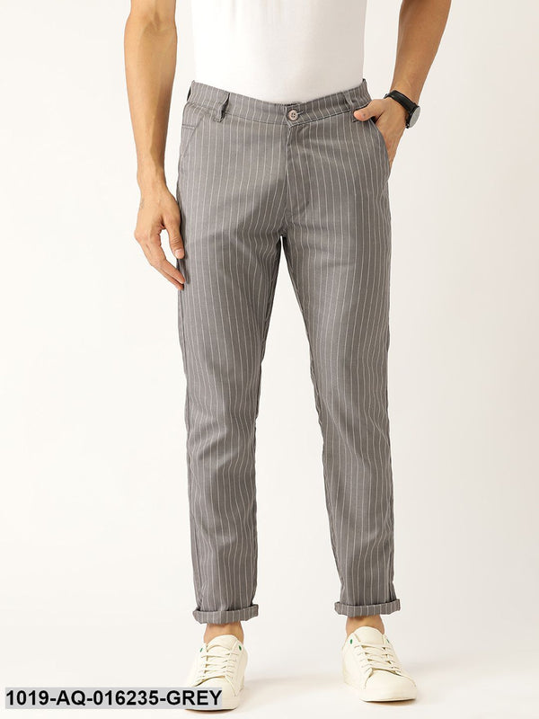 Men's Cotton Blend Grey & Off-white Striped Casual Trousers - Sojanya