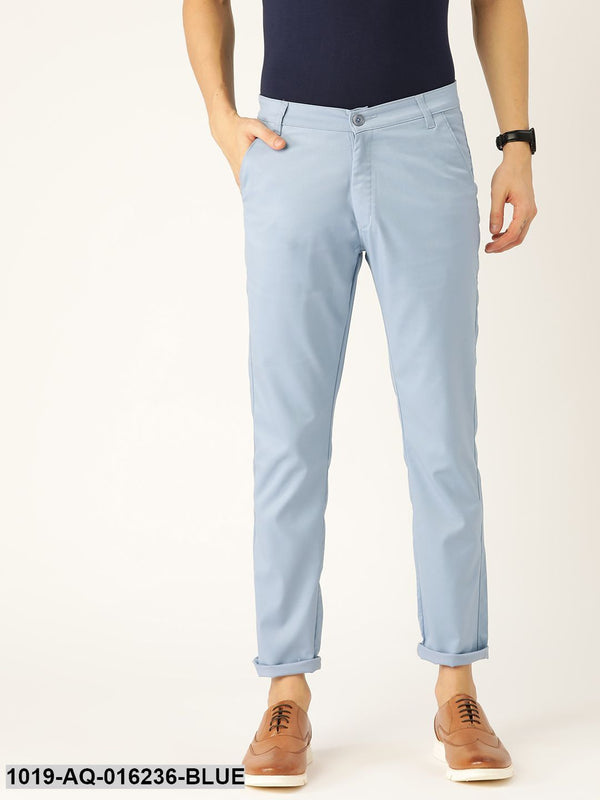 Men's Cotton Blend Blue Solid Casual Trousers - Sojanya