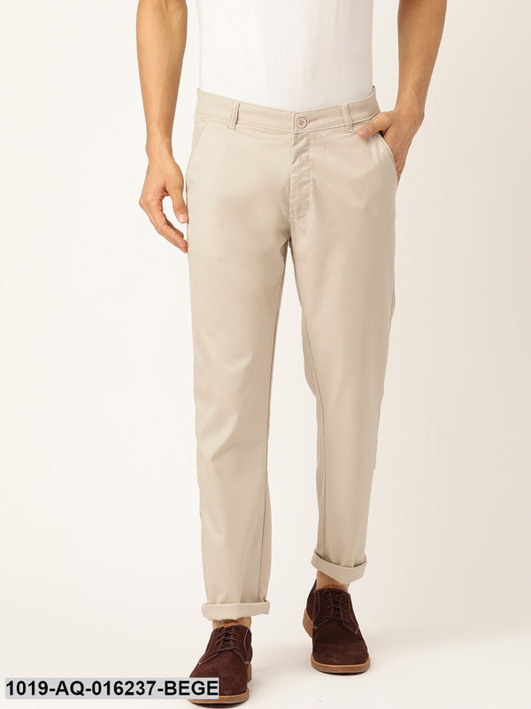 Men's Cotton Blend Beige Solid Casual Trousers - Sojanya