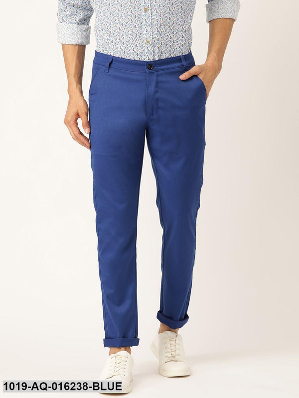 Men's Cotton Blend Royal Blue Solid Casual Trousers - Sojanya - Indiakreations