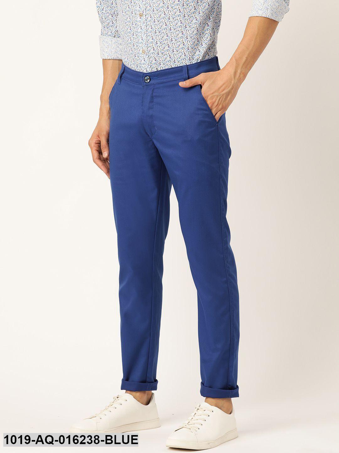 Men's Cotton Blend Royal Blue Solid Casual Trousers - Sojanya - Indiakreations